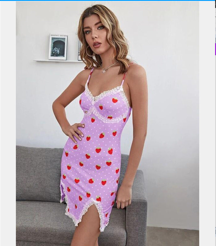 the SASSY STRAWBERRY - Strawberry Print Spaghetti Strap Sleeveless Lace Dress