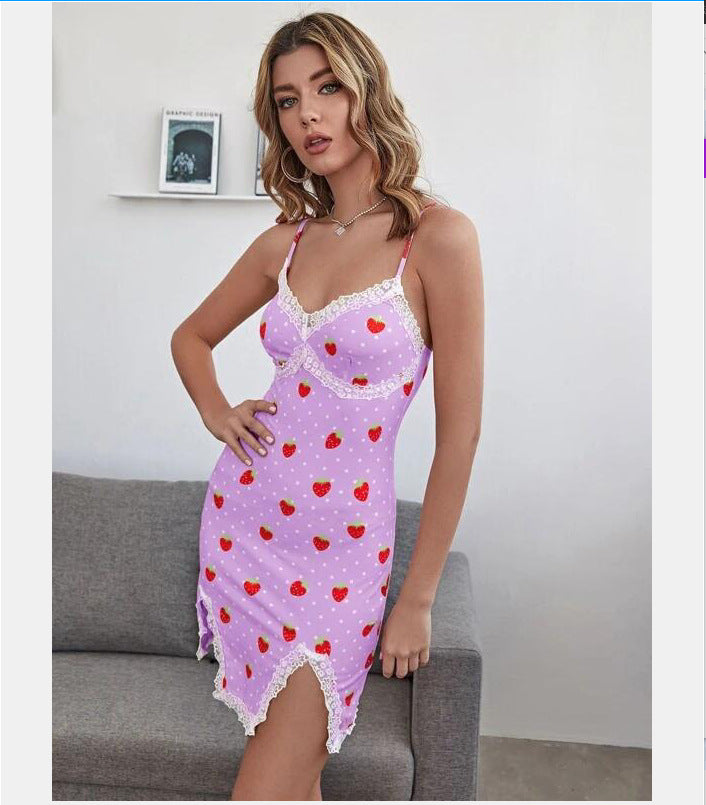 the SASSY STRAWBERRY - Strawberry Print Spaghetti Strap Sleeveless Lace Dress