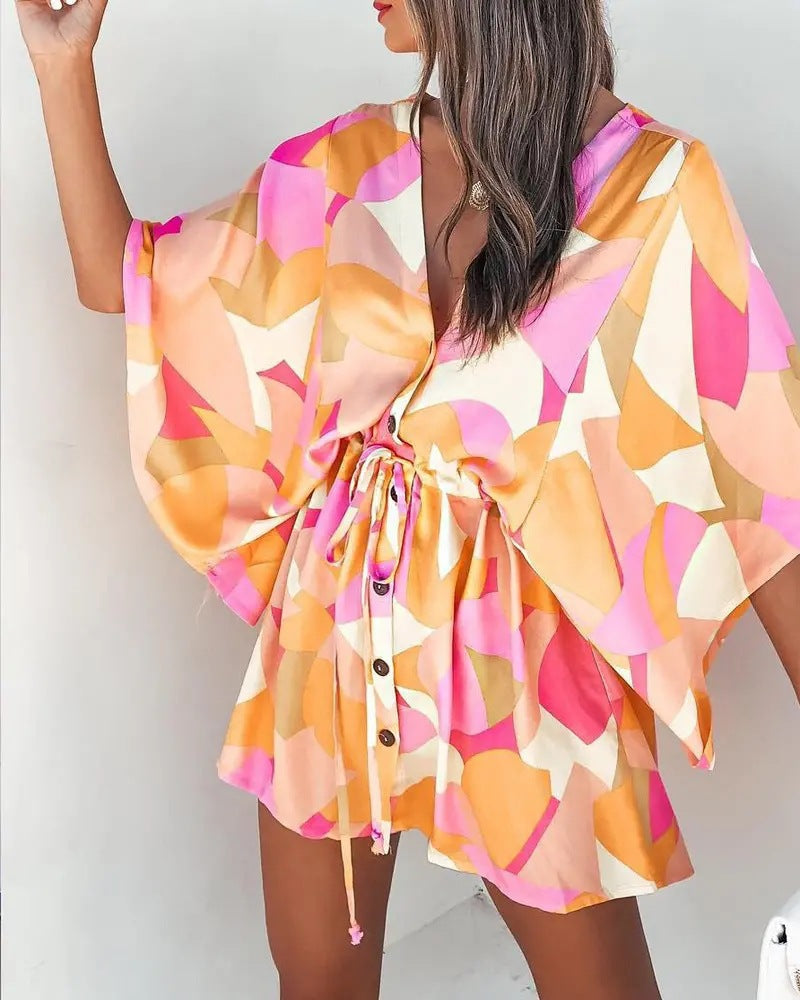 the ALOHA WRAP Dress - Print Lace Up Button Batwing Sleeve Dresses