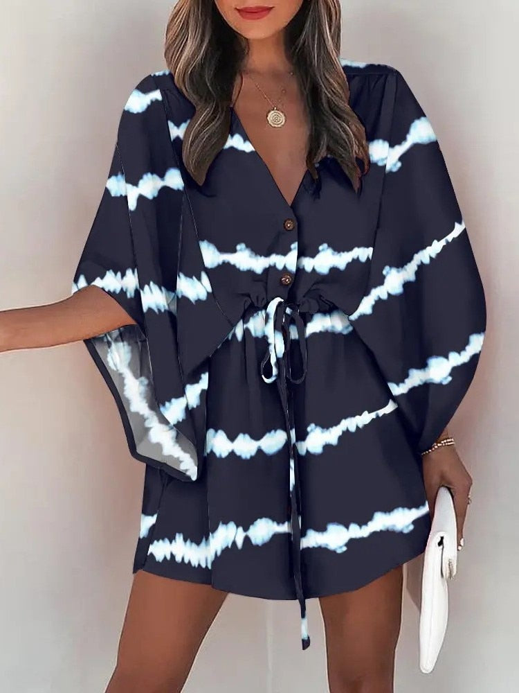 the ALOHA WRAP Dress - Print Lace Up Button Batwing Sleeve Dresses