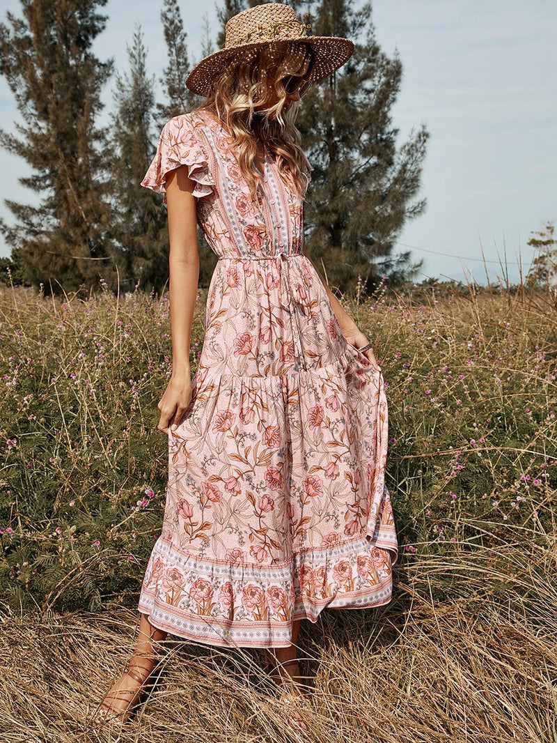 the COUNTY FAIR - Floral Short-Sleeved V Neck Dress