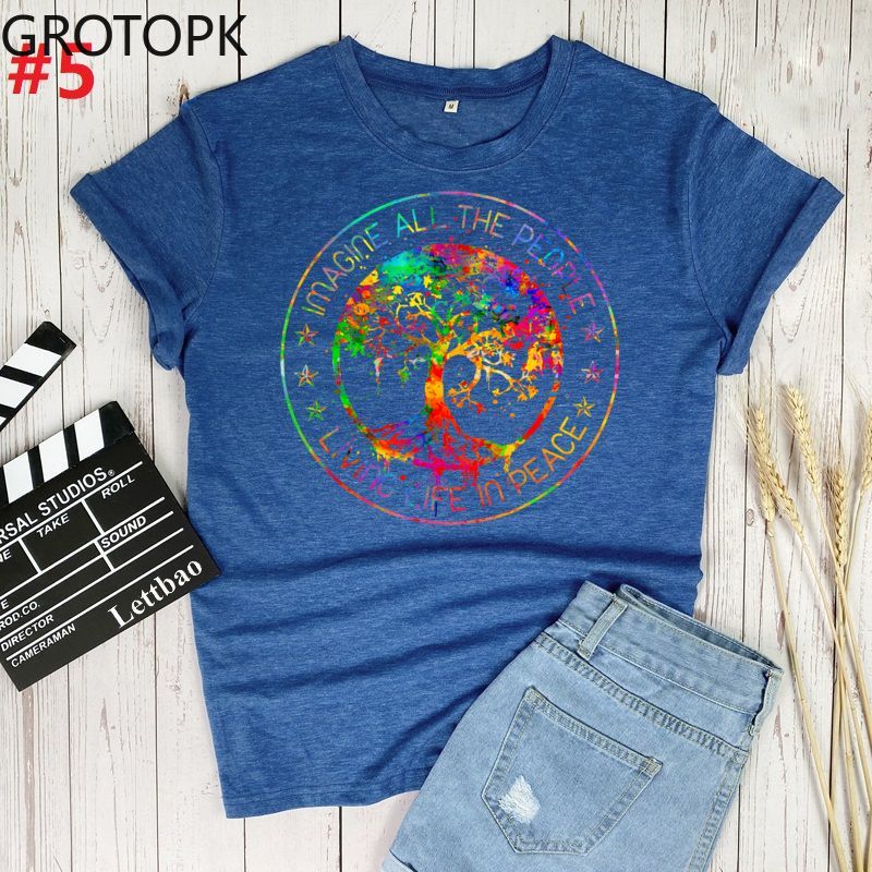 the WORLD PEACE - Imagine All the People Living Life in Peace Hippie T-Shirt