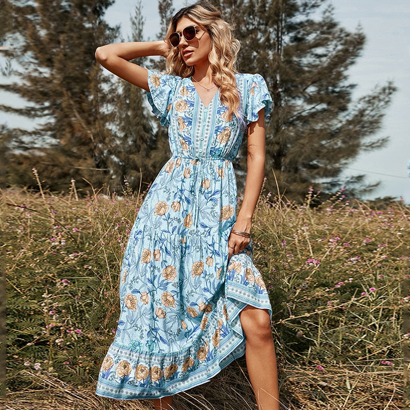 the COUNTY FAIR - Floral Short-Sleeved V Neck Dress