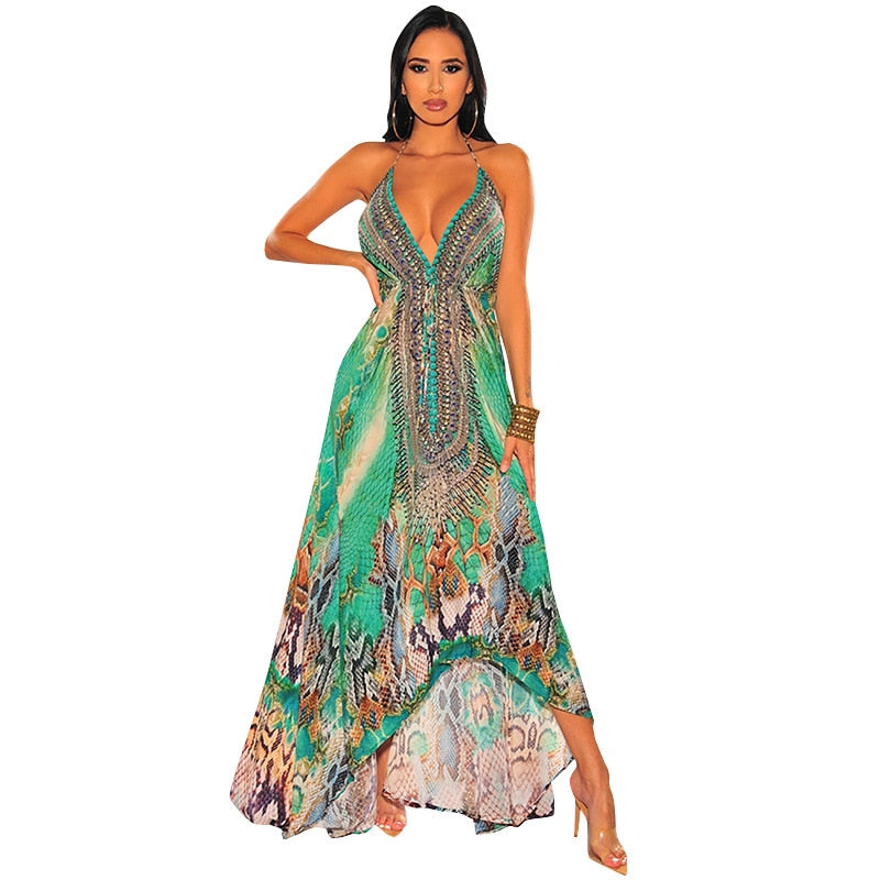 the BOHEMIA MAMA - Bohemian Spaghetti Strap Halter Hollow-Out V Neck Dress