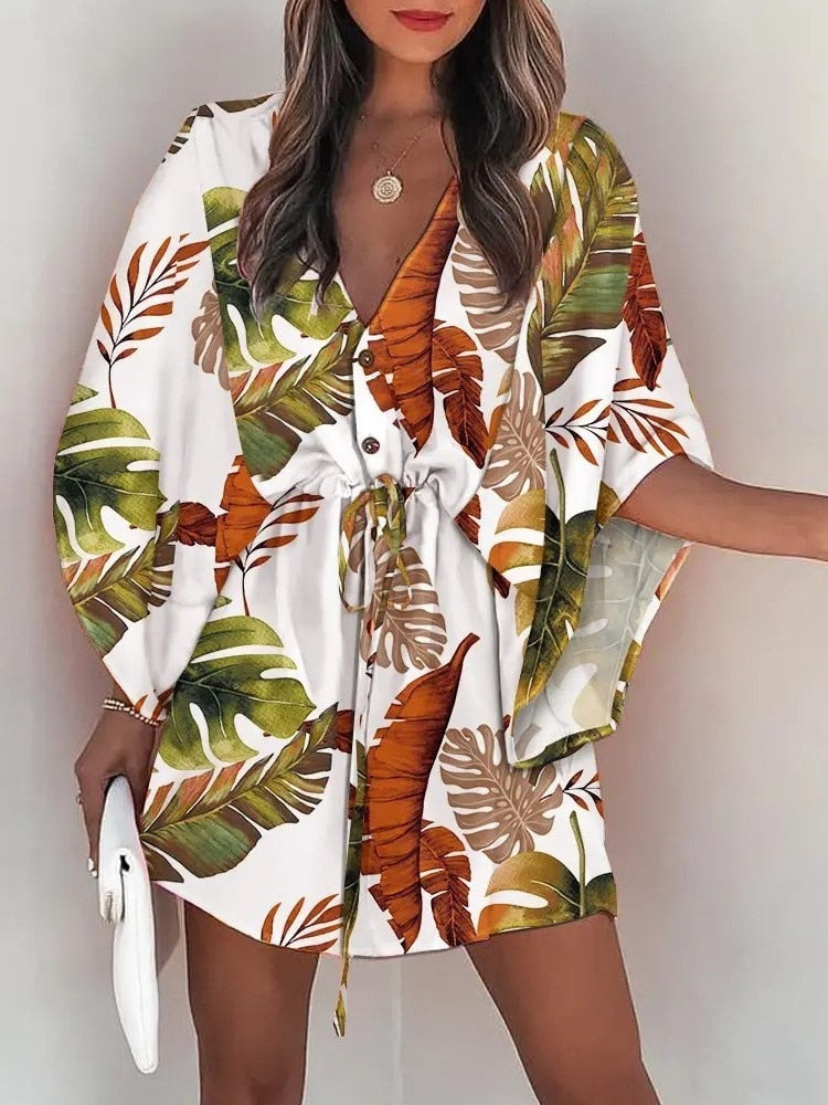 the ALOHA WRAP Dress - Print Lace Up Button Batwing Sleeve Dresses