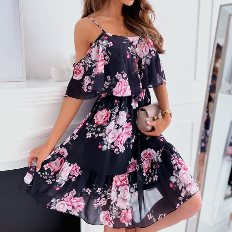 the SLOW DANCE - Off Shoulder Spaghetti Strap Floral Print Dresses