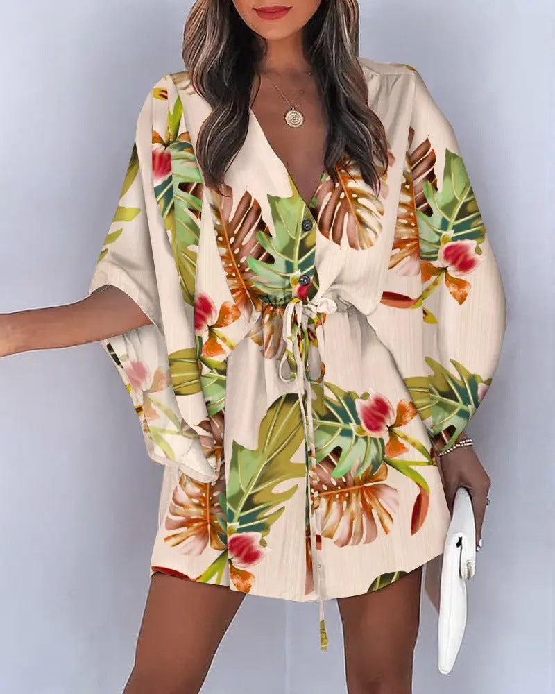 the ALOHA WRAP Dress - Print Lace Up Button Batwing Sleeve Dresses