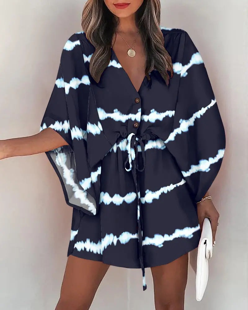 the ALOHA WRAP Dress - Print Lace Up Button Batwing Sleeve Dresses