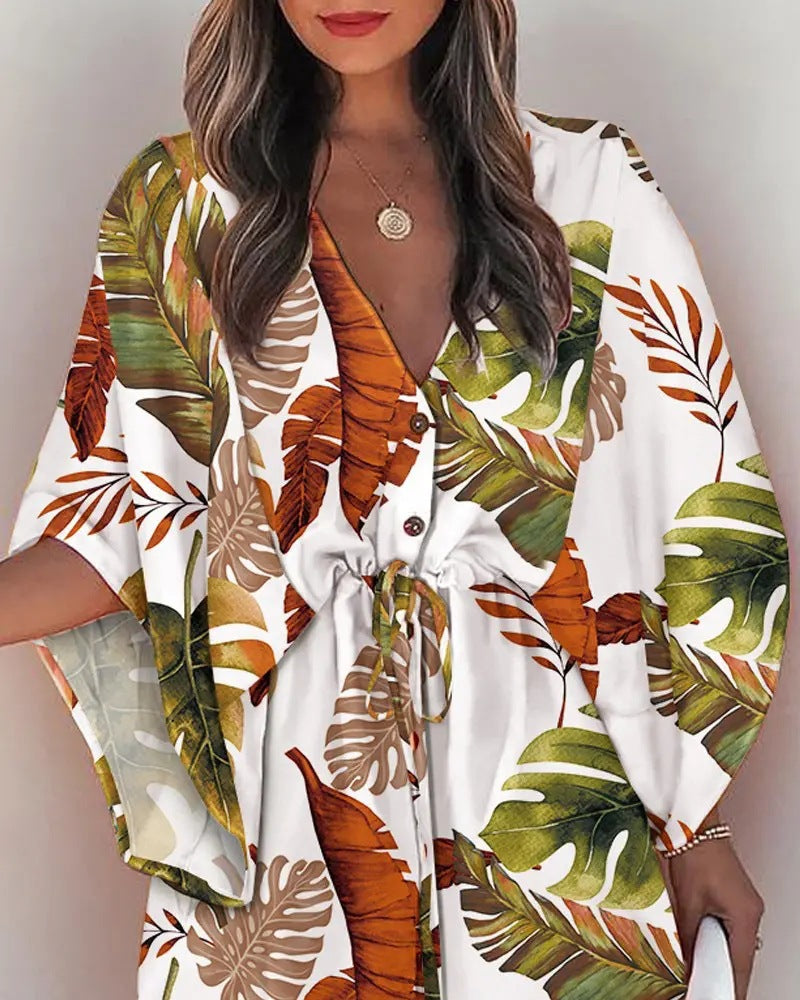 the ALOHA WRAP Dress - Print Lace Up Button Batwing Sleeve Dresses