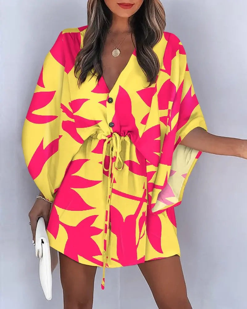 the ALOHA WRAP Dress - Print Lace Up Button Batwing Sleeve Dresses