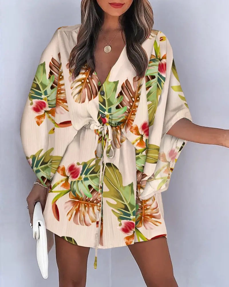 the ALOHA WRAP Dress - Print Lace Up Button Batwing Sleeve Dresses