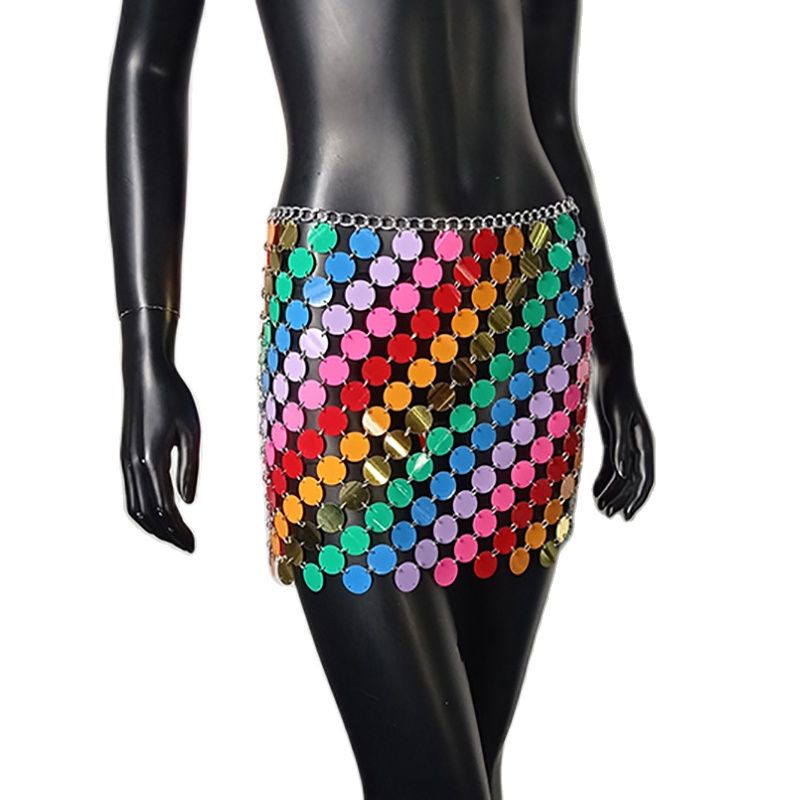 the DISCO - Color Block Disco Metal Chain Hollow Out Mini Skirts