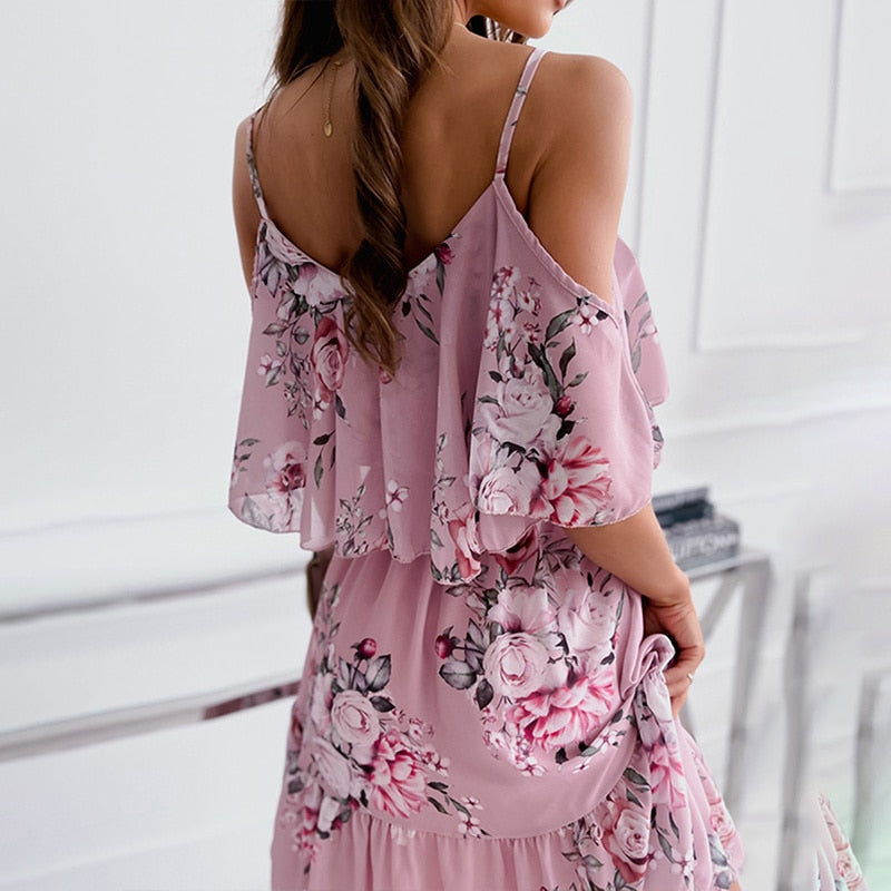 the SLOW DANCE - Off Shoulder Spaghetti Strap Floral Print Dresses