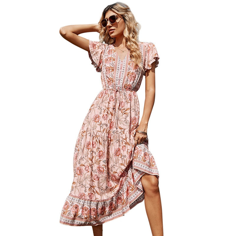 the COUNTY FAIR - Floral Short-Sleeved V Neck Dress