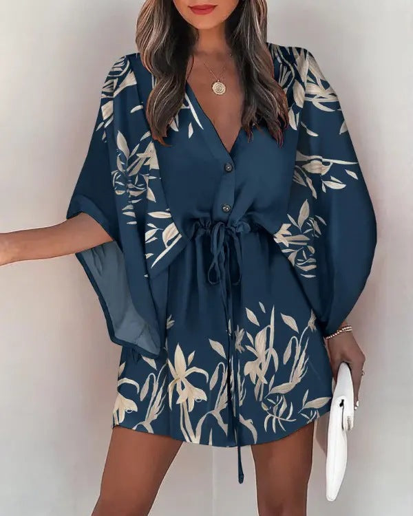 the ALOHA WRAP Dress - Print Lace Up Button Batwing Sleeve Dresses