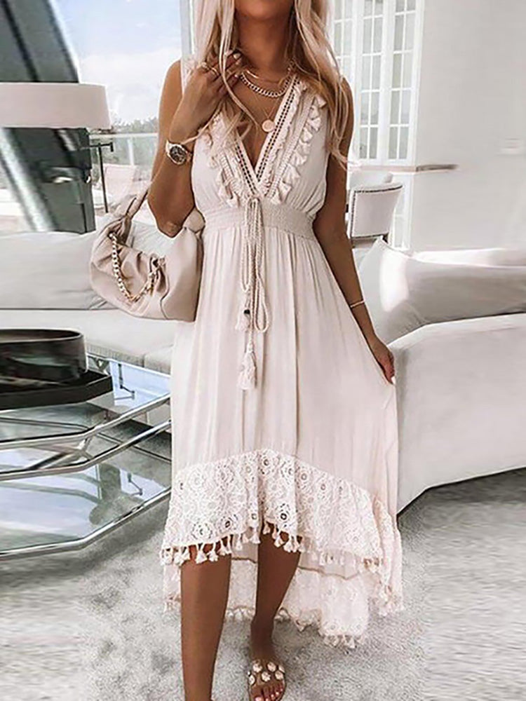 the GYPSY BOHO COLLECTION - V Neck Lace Patchwork Mid-Calf Dress Sexy Hollow-Out Dress