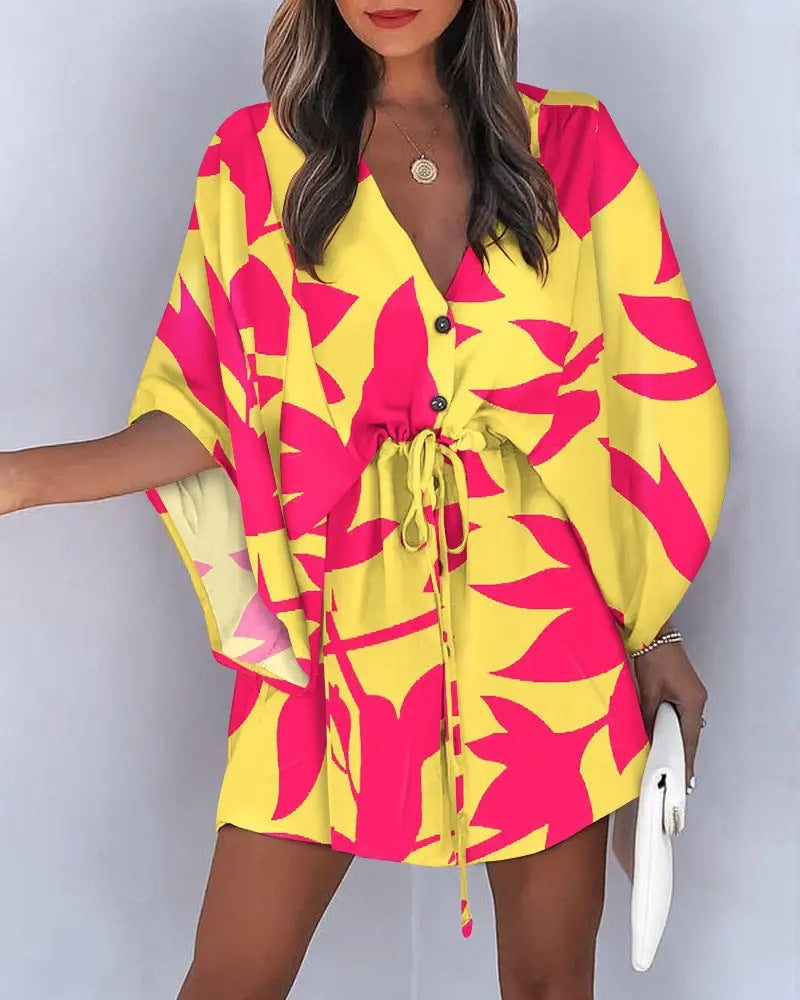 the ALOHA WRAP Dress - Print Lace Up Button Batwing Sleeve Dresses