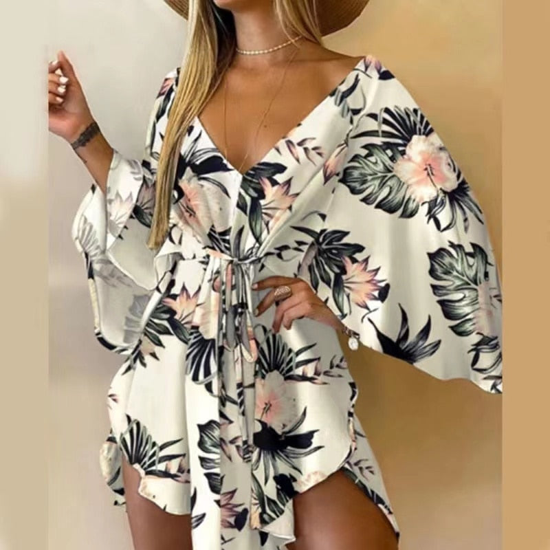 the BOHO WRAP - Sexy V Neck Lace-up Floral Print Mini Dress