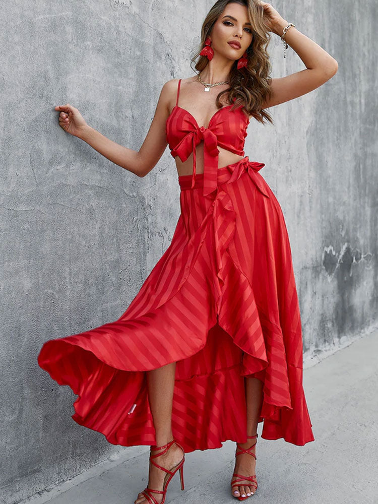 the SCARLET DIARY - Spaghetti Strap Beach Dress Crop Top Long Skirts