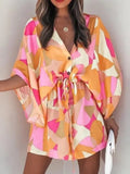 the ALOHA WRAP Dress - Print Lace Up Button Batwing Sleeve Dresses