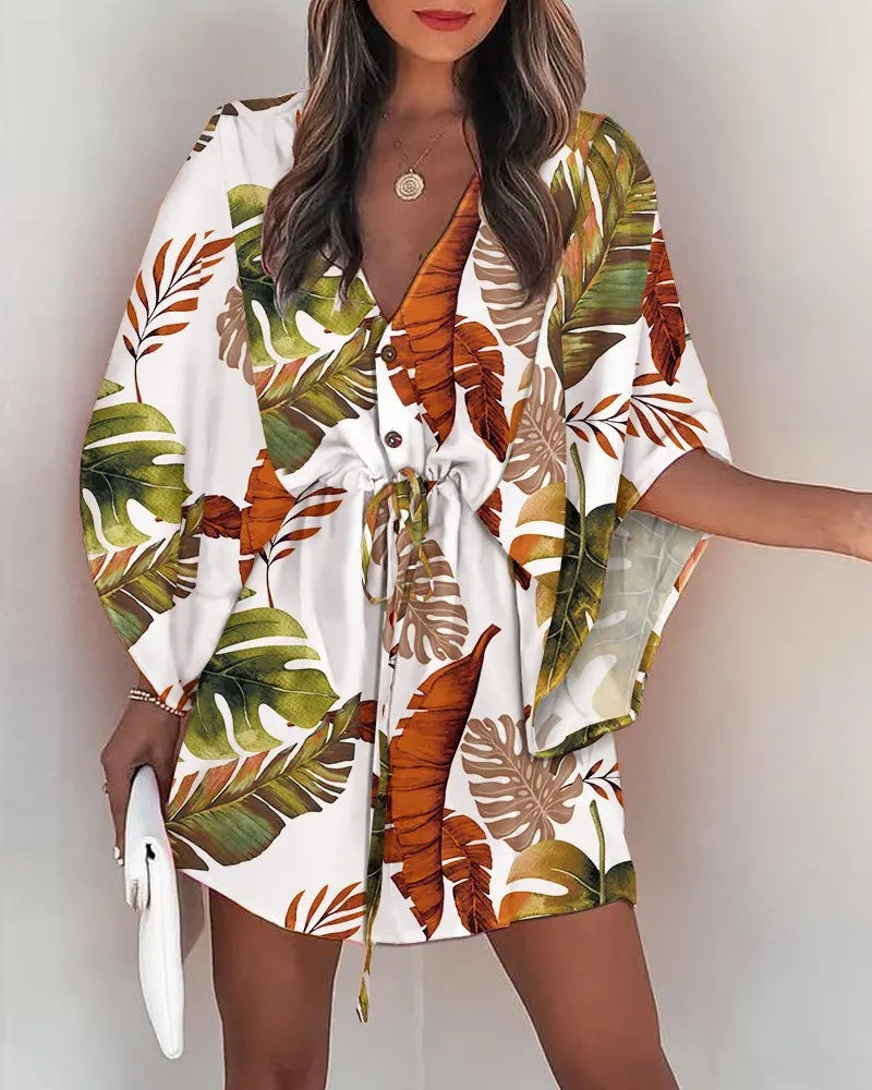 the ALOHA WRAP Dress - Print Lace Up Button Batwing Sleeve Dresses