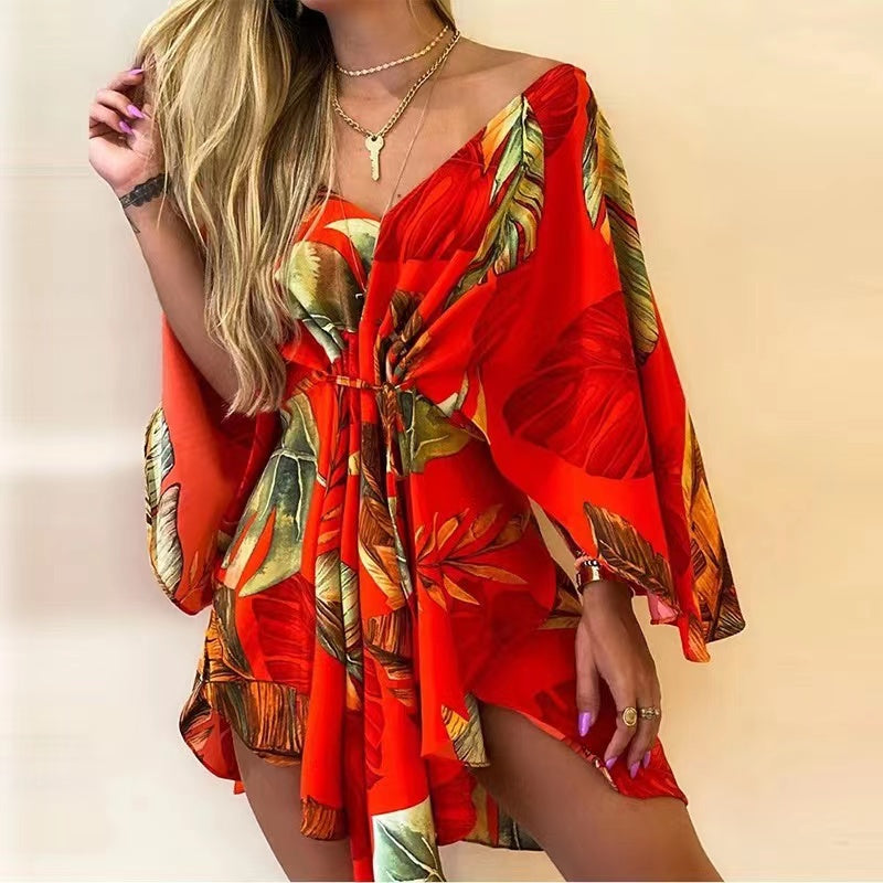 the BOHO WRAP - Sexy V Neck Lace-up Floral Print Mini Dress