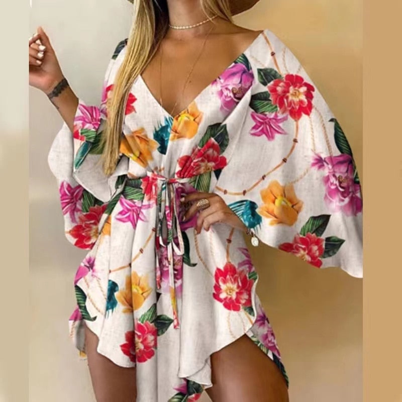 the BOHO WRAP - Sexy V Neck Lace-up Floral Print Mini Dress