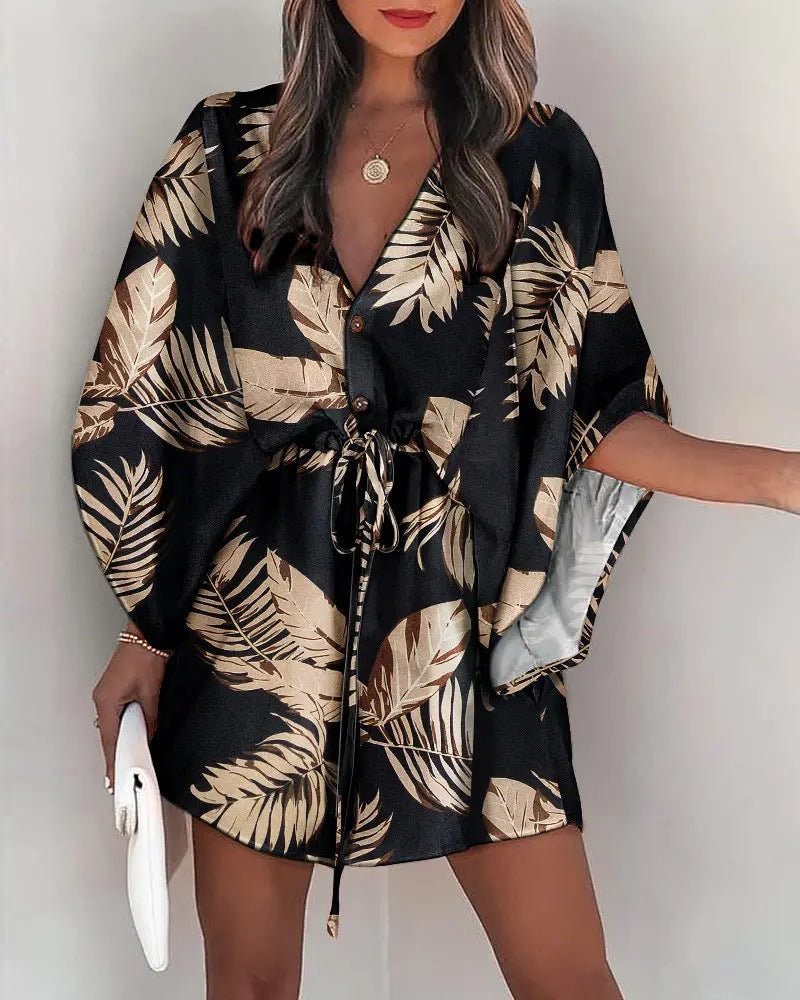 the ALOHA WRAP Dress - Print Lace Up Button Batwing Sleeve Dresses