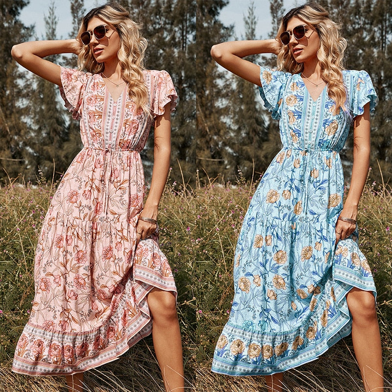 the COUNTY FAIR - Floral Short-Sleeved V Neck Dress