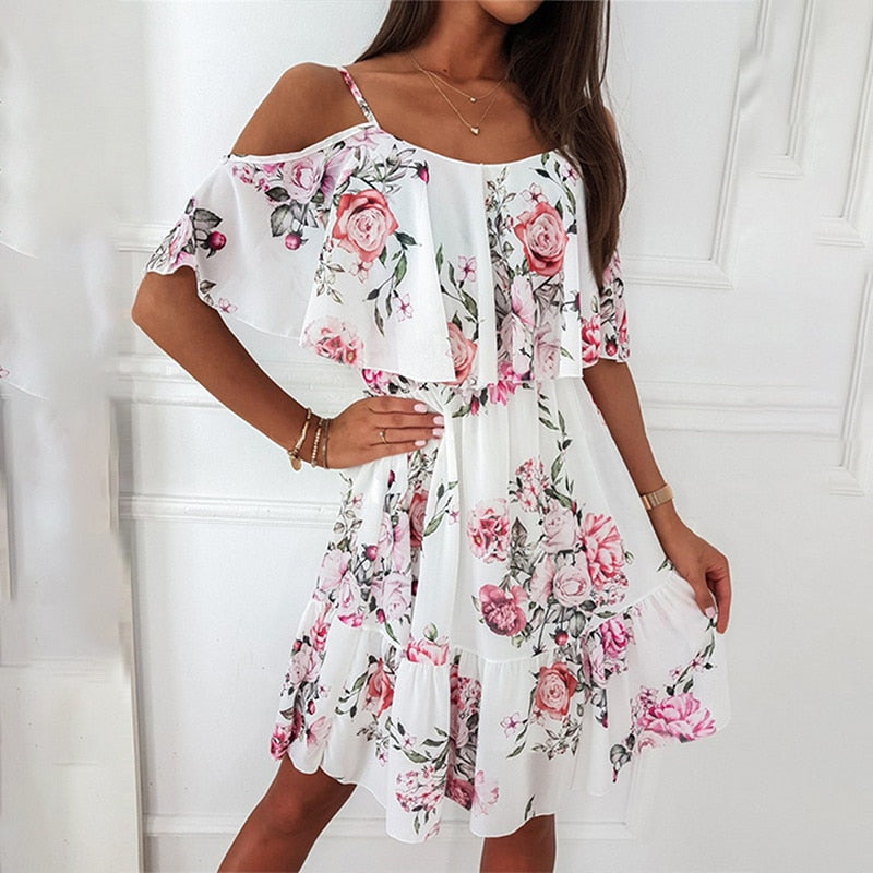 the SLOW DANCE - Off Shoulder Spaghetti Strap Floral Print Dresses