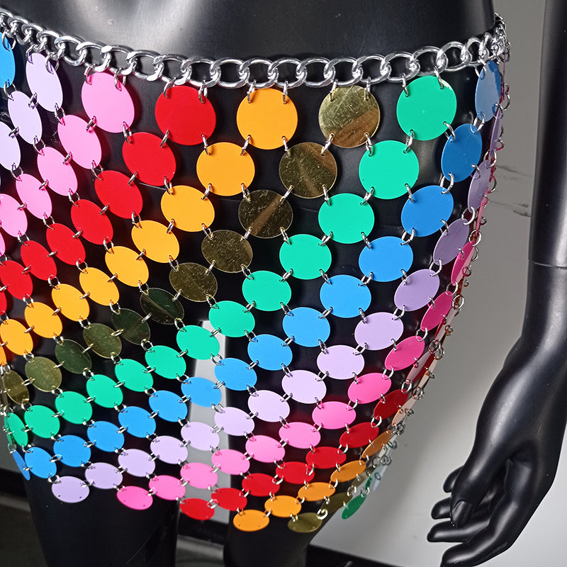 the DISCO - Color Block Disco Metal Chain Hollow Out Mini Skirts