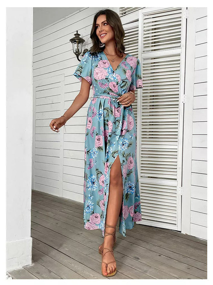 the MISS ROBINSON - V Neck Short Sleeve Lace Up Women Summer Beach Dress