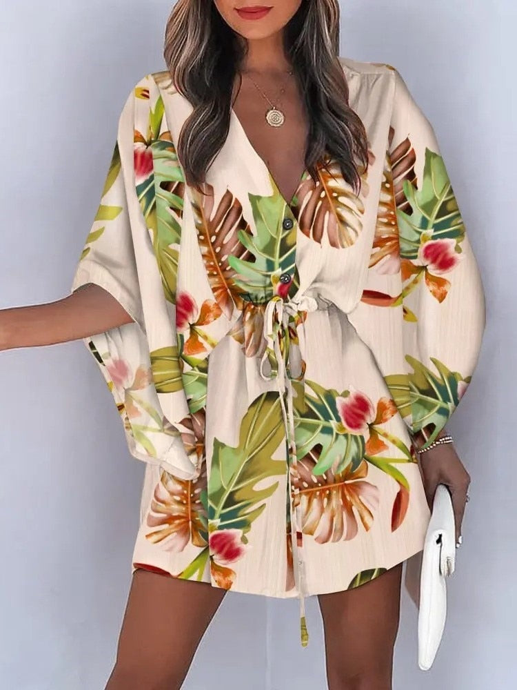 the ALOHA WRAP Dress - Print Lace Up Button Batwing Sleeve Dresses