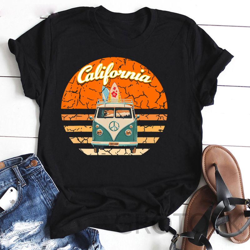 the CALIFORNIA SURF - Retro Wagon Hippie Short Sleeve Print Ladies T-Shirt