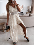 the GYPSY BOHO COLLECTION - V Neck Lace Patchwork Mid-Calf Dress Sexy Hollow-Out Dress