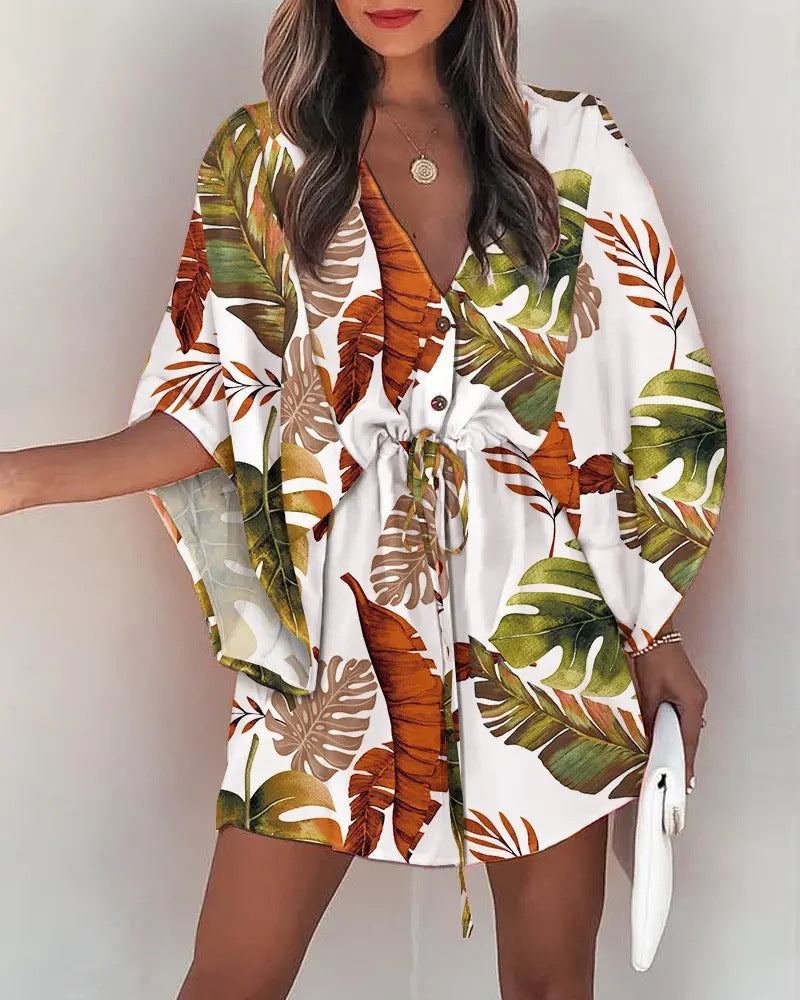 the ALOHA WRAP Dress - Print Lace Up Button Batwing Sleeve Dresses