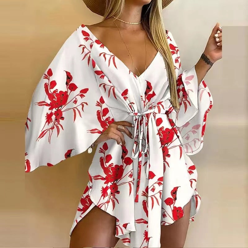 the BOHO WRAP - Sexy V Neck Lace-up Floral Print Mini Dress