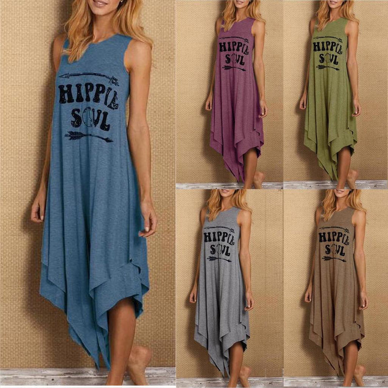 the HIPPIE SOUL - Loose Hippie Soul Letter Printed O-Neck Vest Dress