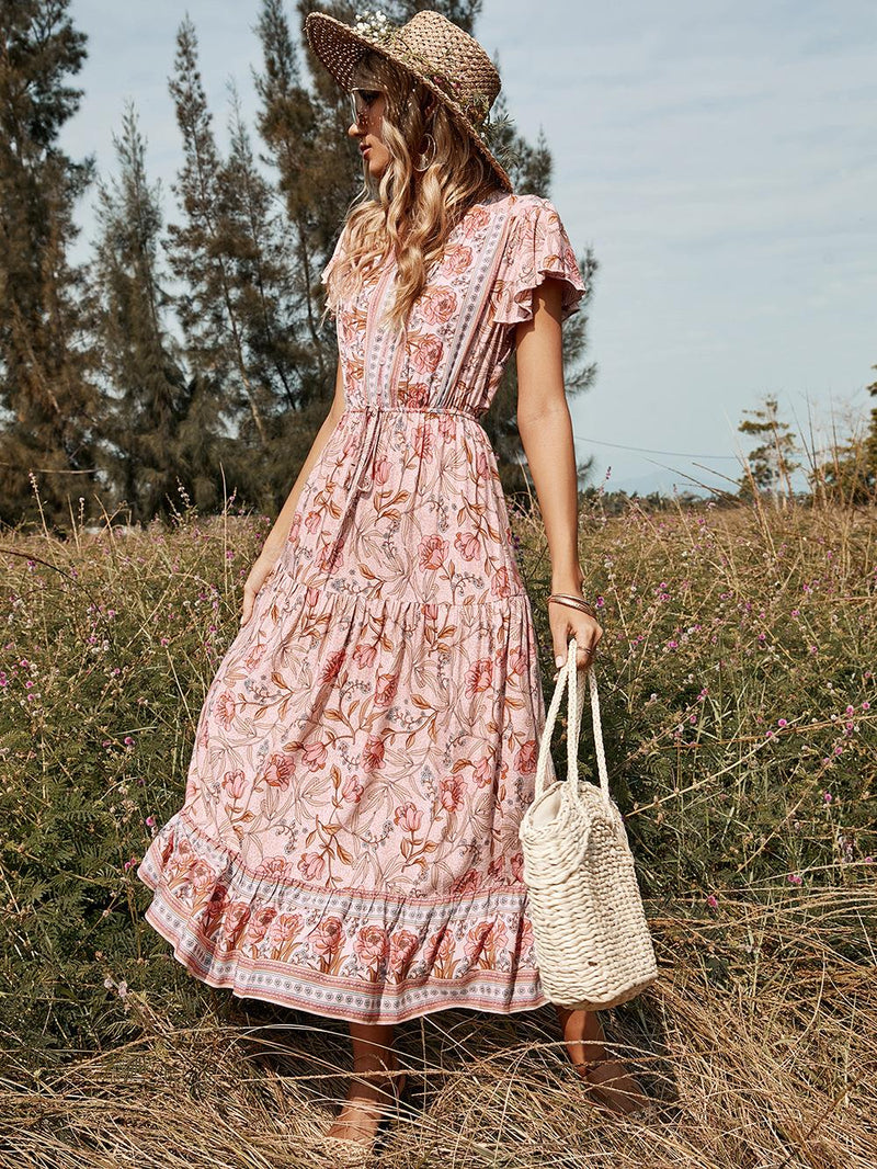 the COUNTY FAIR - Floral Short-Sleeved V Neck Dress