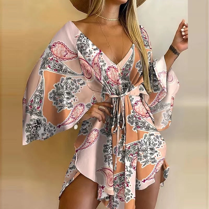 the BOHO WRAP - Sexy V Neck Lace-up Floral Print Mini Dress