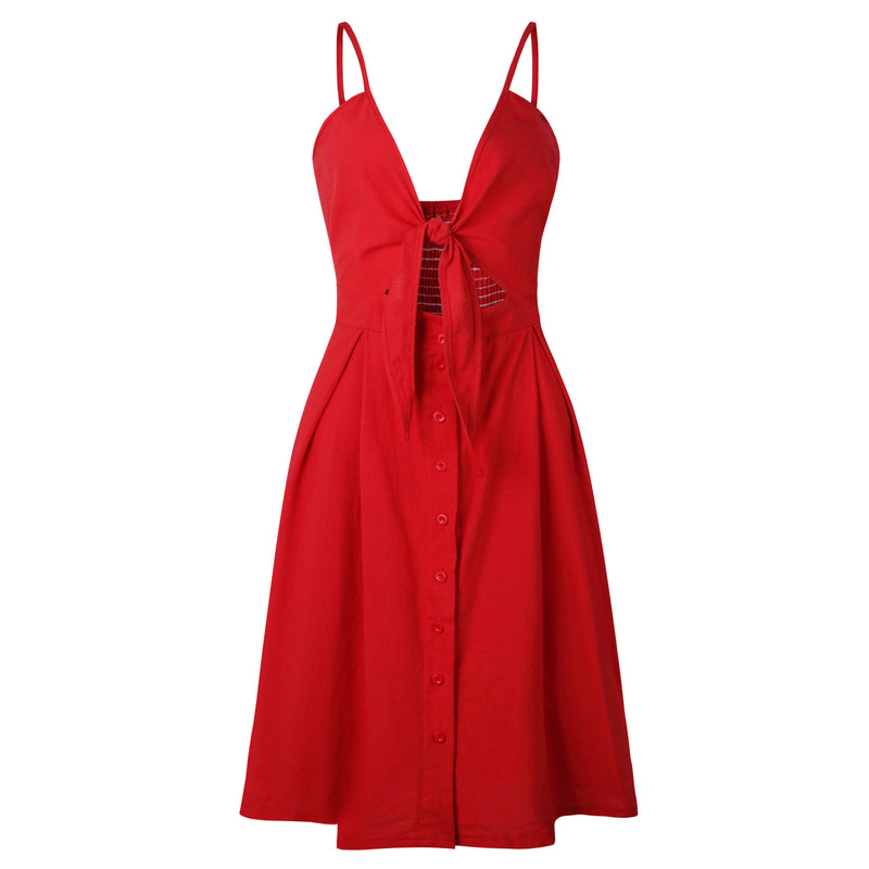 the UNBUTTON ME - Red Spaghetti Strap Buttons Casual Dress