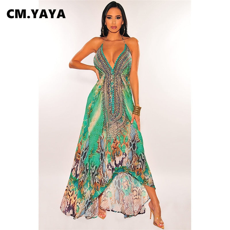 the BOHEMIA MAMA - Bohemian Spaghetti Strap Halter Hollow-Out V Neck Dress