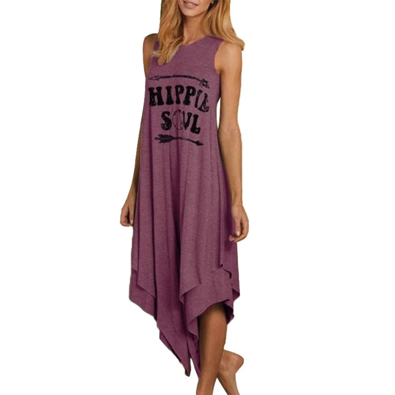 the HIPPIE SOUL - Loose Hippie Soul Letter Printed O-Neck Vest Dress