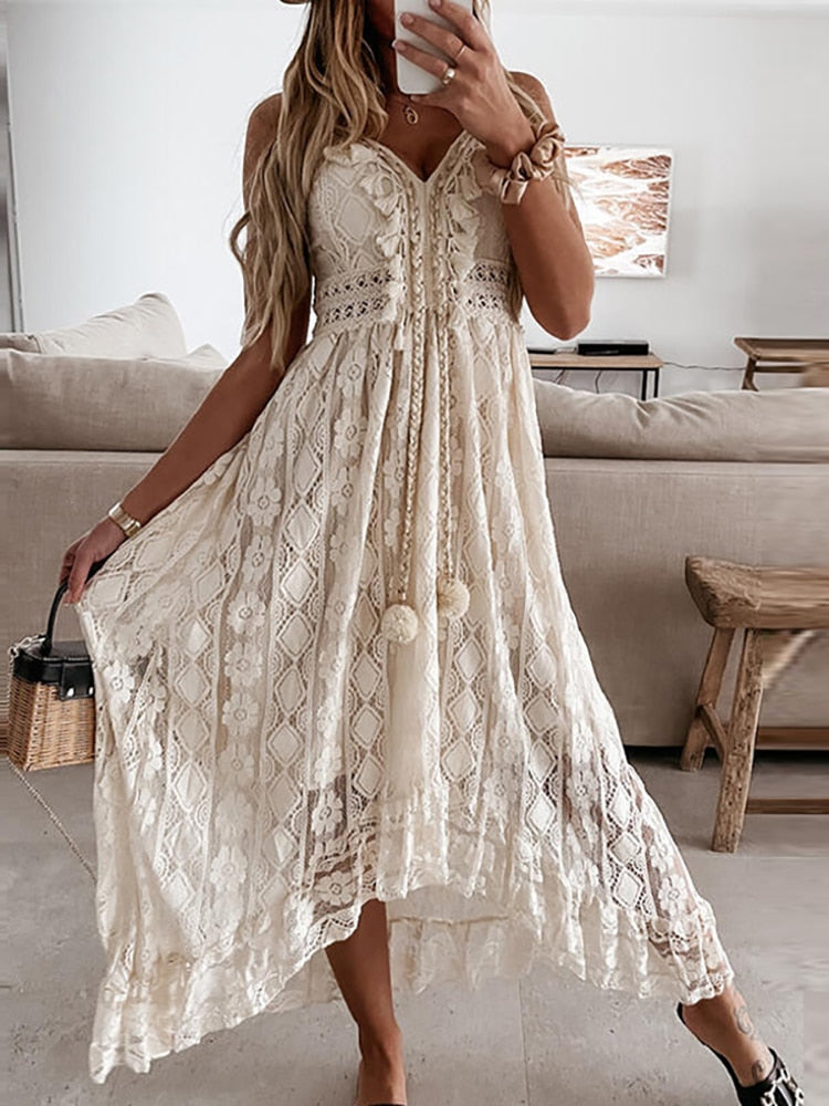 the GYPSY BOHO COLLECTION - V Neck Lace Patchwork Mid-Calf Dress Sexy Hollow-Out Dress