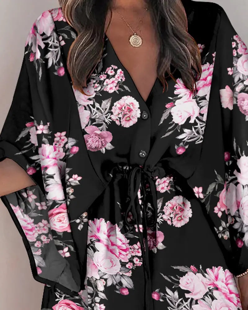 the ALOHA WRAP Dress - Print Lace Up Button Batwing Sleeve Dresses