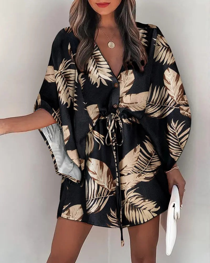 the ALOHA WRAP Dress - Print Lace Up Button Batwing Sleeve Dresses