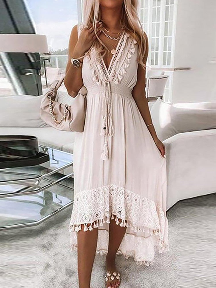 the GYPSY BOHO COLLECTION - V Neck Lace Patchwork Mid-Calf Dress Sexy Hollow-Out Dress