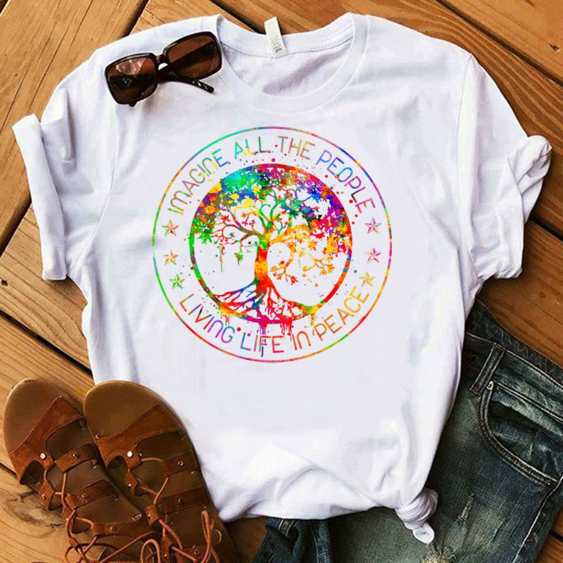 the WORLD PEACE - Imagine All the People Living Life in Peace Hippie T-Shirt