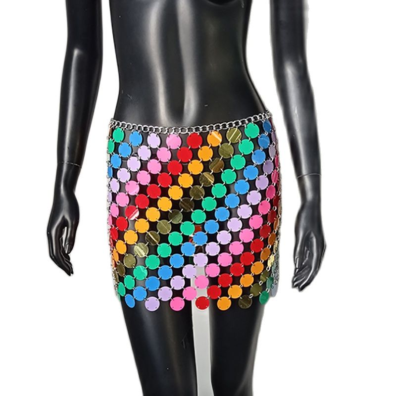 the DISCO - Color Block Disco Metal Chain Hollow Out Mini Skirts