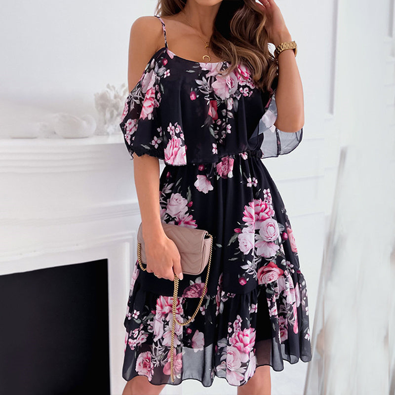 the SLOW DANCE - Off Shoulder Spaghetti Strap Floral Print Dresses